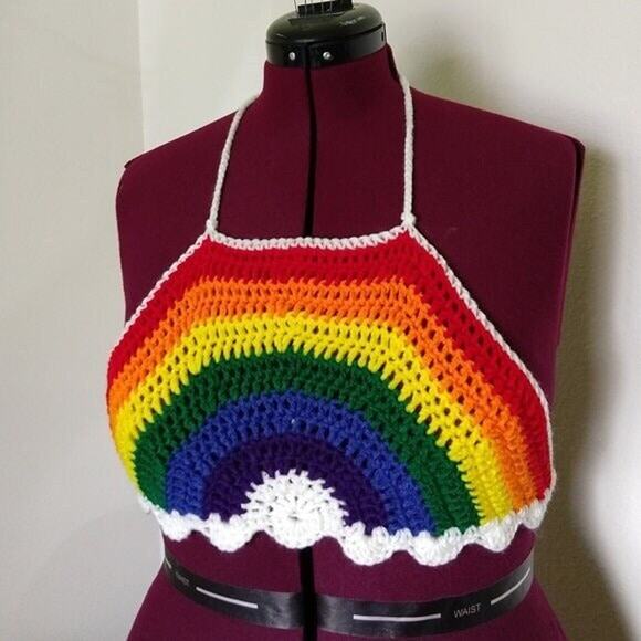 Small Rainbow Halter Crop Top crochet premade handmade ready-to-ship - Picture 1 of 8